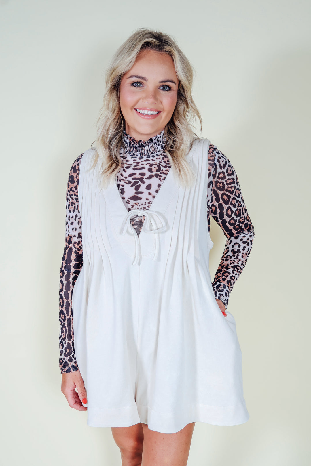 French Terry V-Neck Romper - Cream