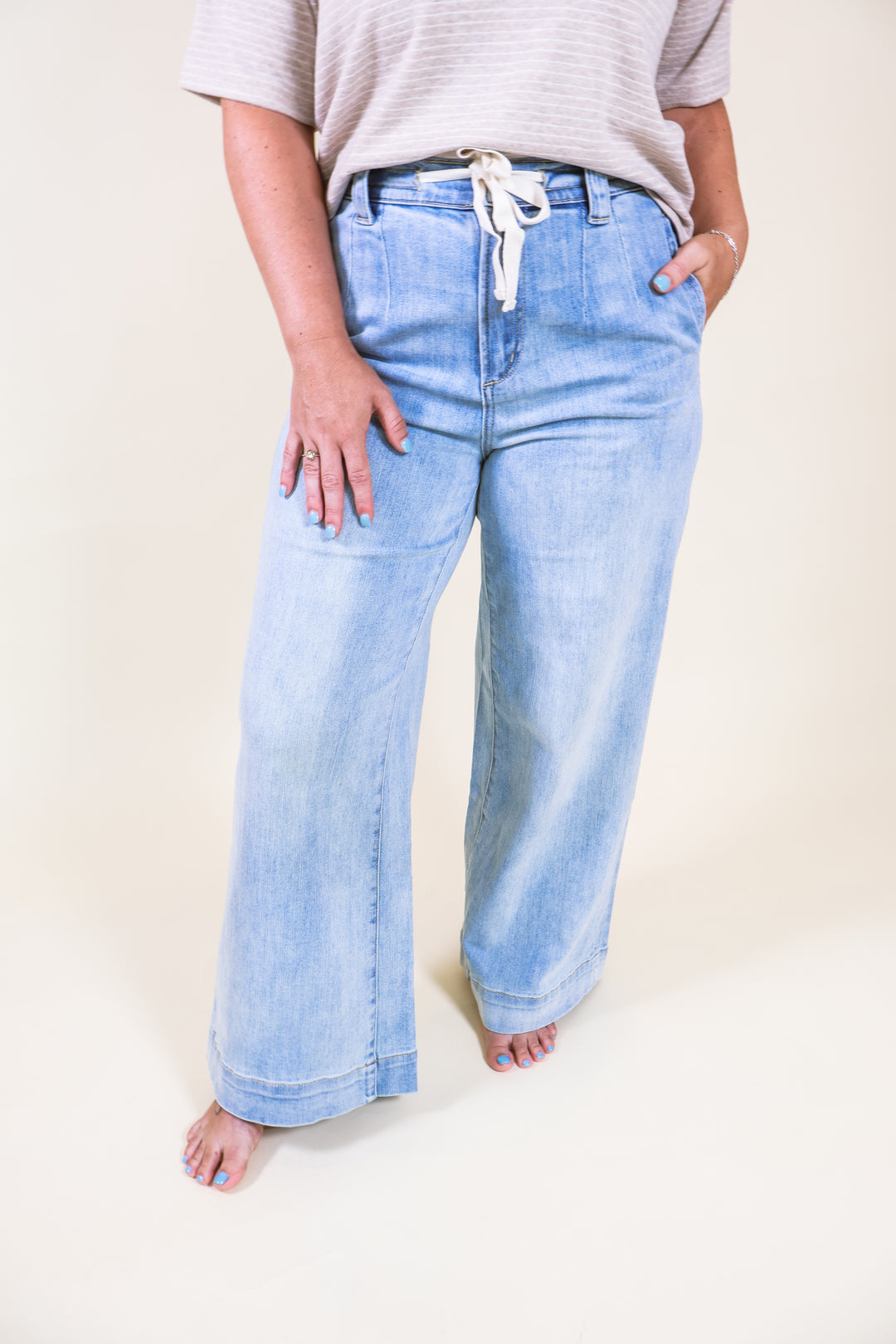 Washed Denim Tie Front Pants