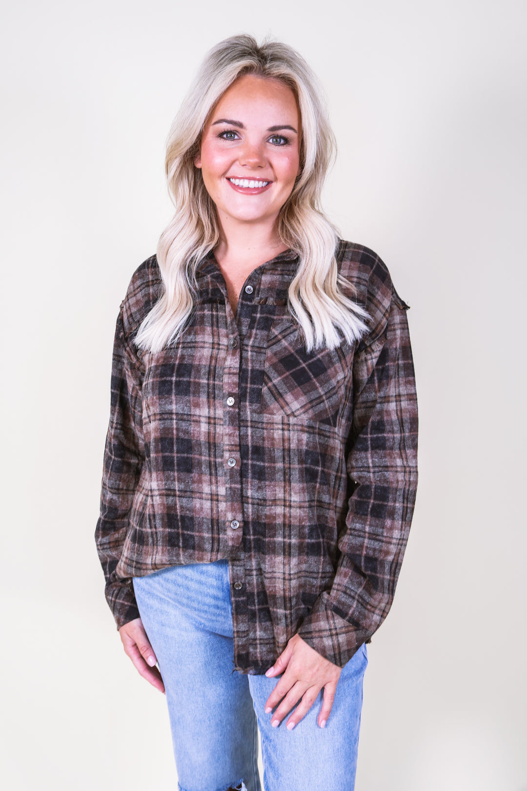 Fringe Detail Plaid Flannel Shirt - Black