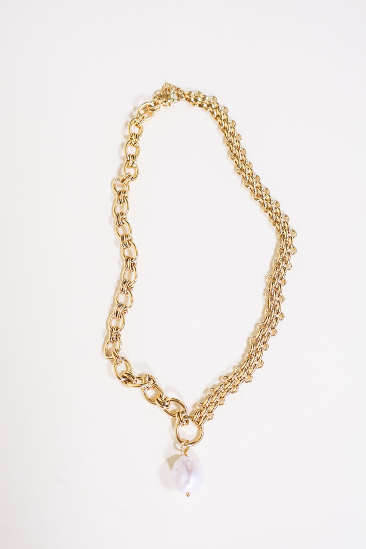 Spliced Chain Pearl Necklace - Gold