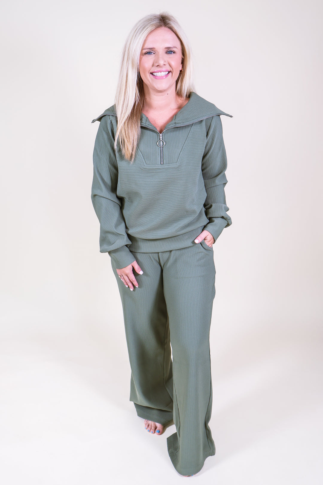 Ribbed High Neck Half Zip Pullover & Pants Set - Olive