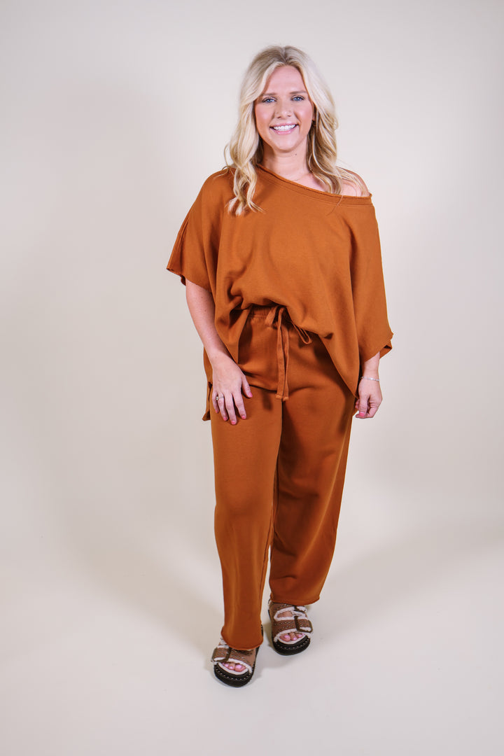 Malibu Wide Leg Fleece Pants - Burnt Amber