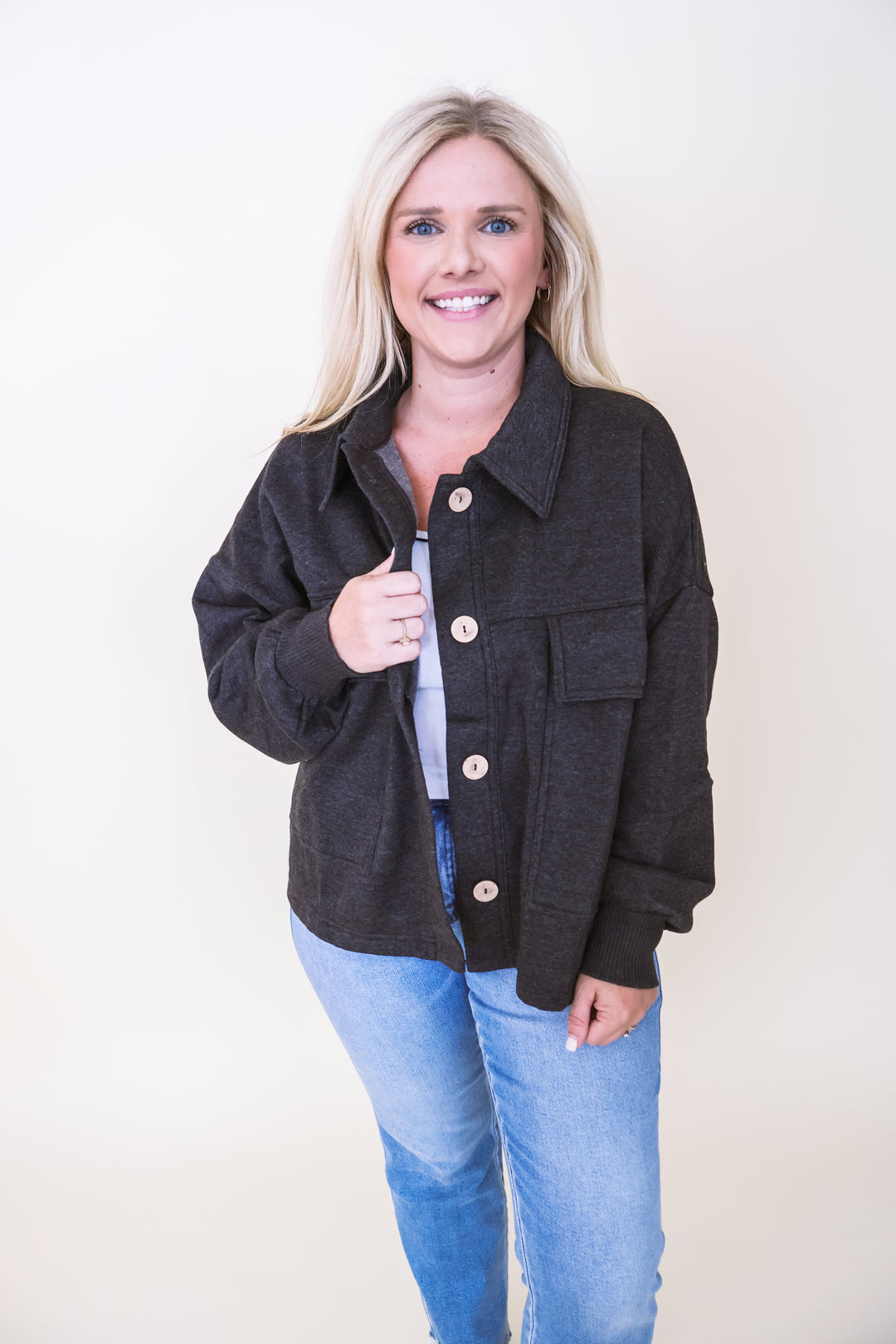 Acid Wash Fleece Cropped Shacket - Black