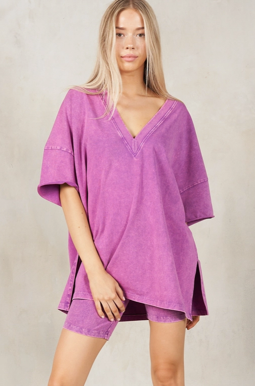Mineral Washed Biker Short Set - Magenta