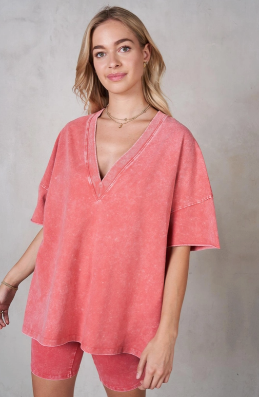 Mineral Washed Biker Short Set - Scarlet