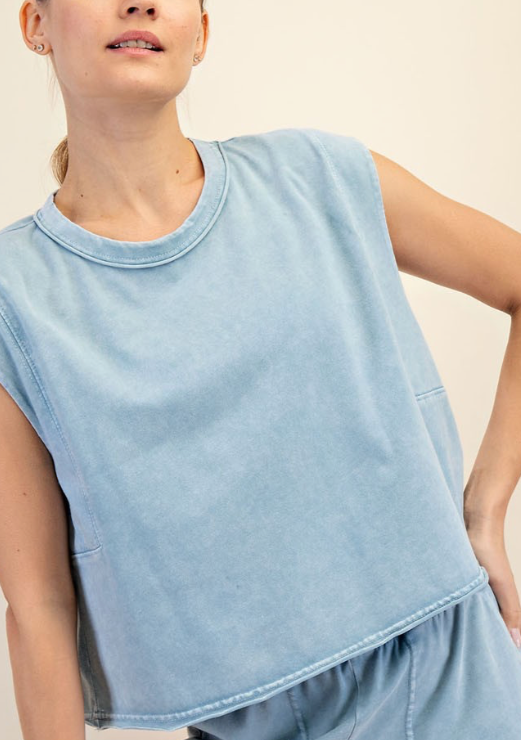 Riley Raw Seaming Top - Utility Blue