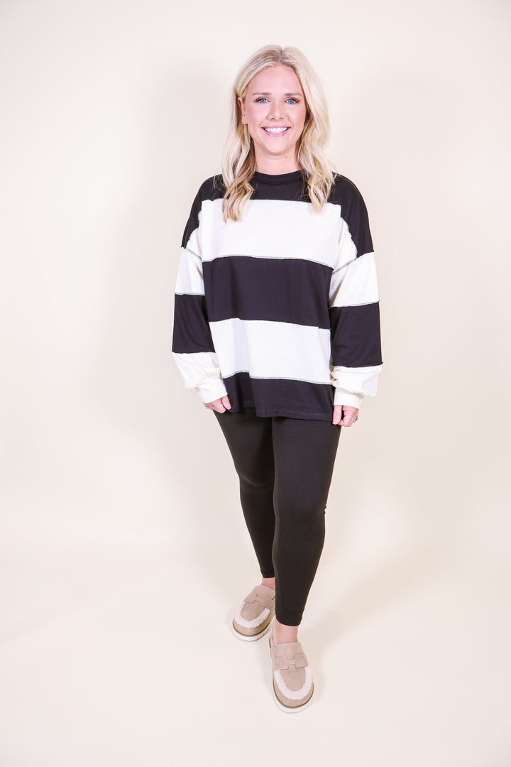 Contrast Panel Long Sleeve Slouchy Top - Black