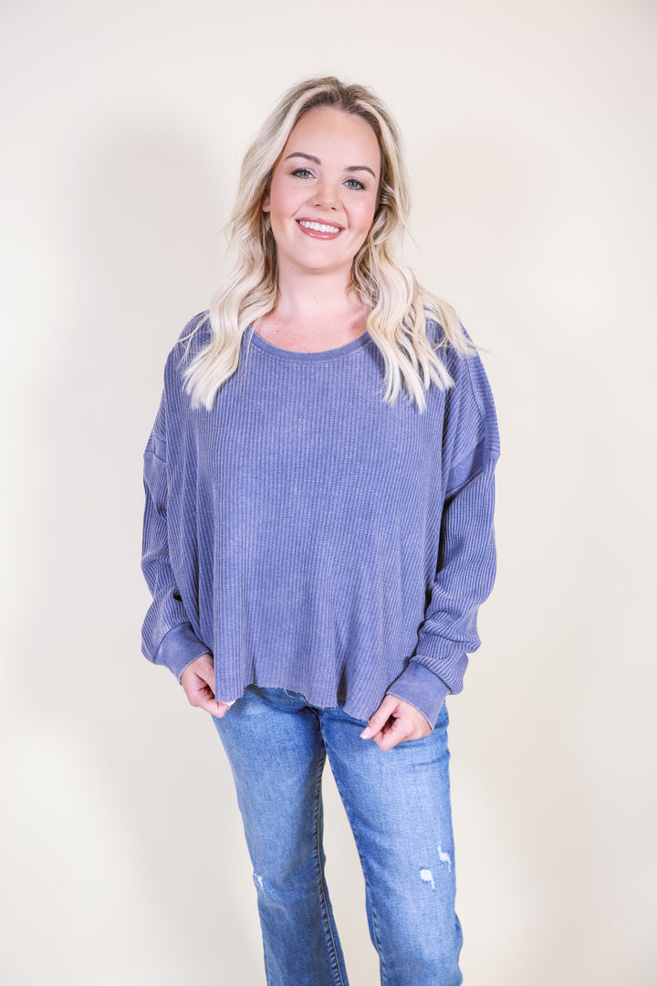 Collins Chic Open Back Textured Knit Top - Dusty Navy