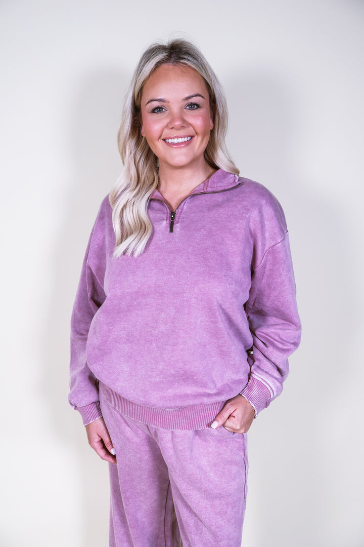 Acid Wash Fleece Half Zip Pullover - Lt Rose