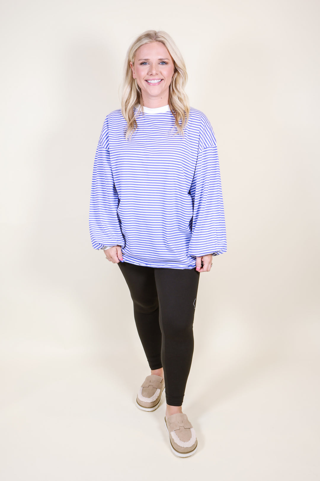 Oversized Striped Long Sleeve Pullover Top - Blue
