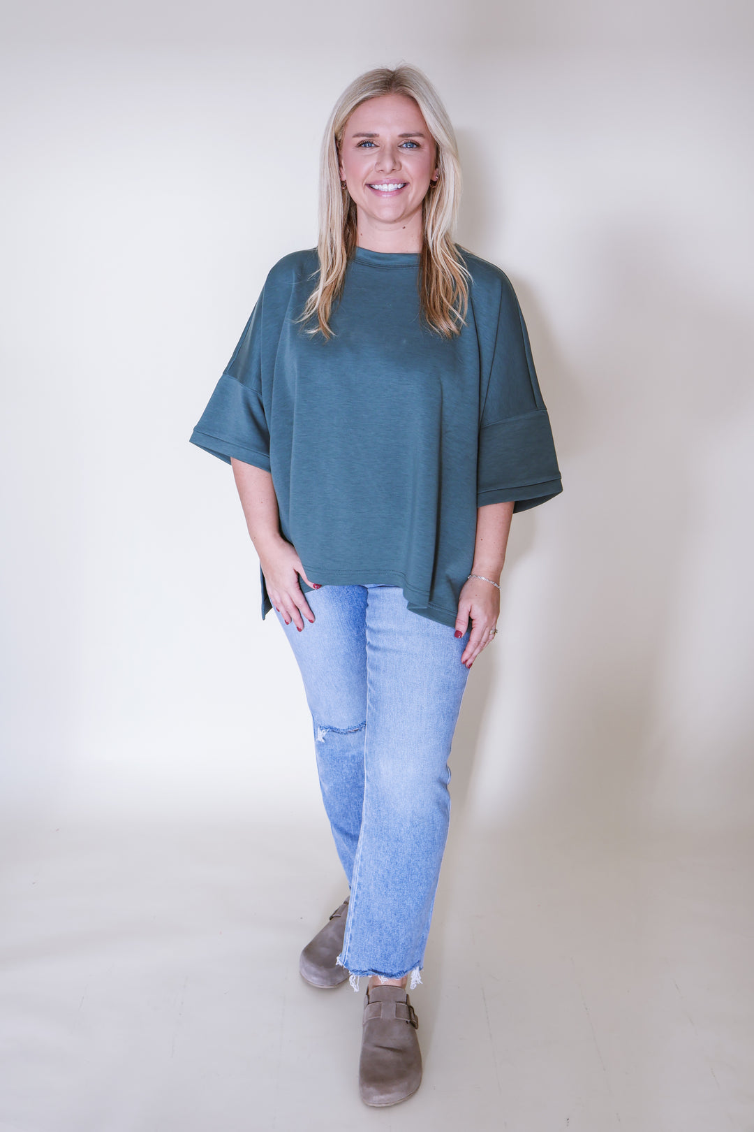 Scuba Round Neck Top with Side Slits - Dk Forest
