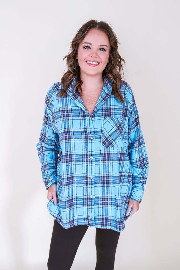 Oversized Plaid Button Down Shirt - Sky
