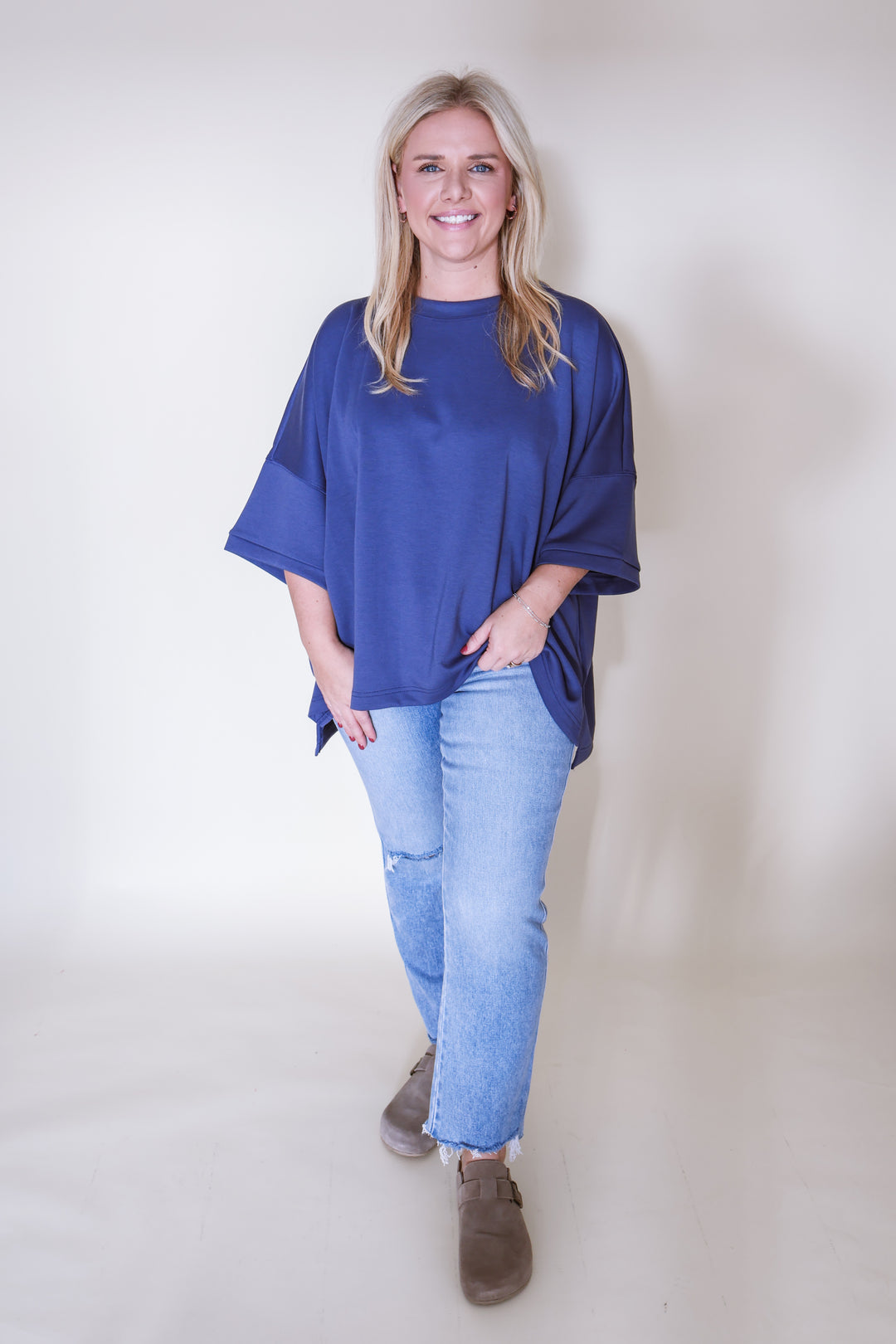 Scuba Round Neck Top with Side Slits - Blue Indigo