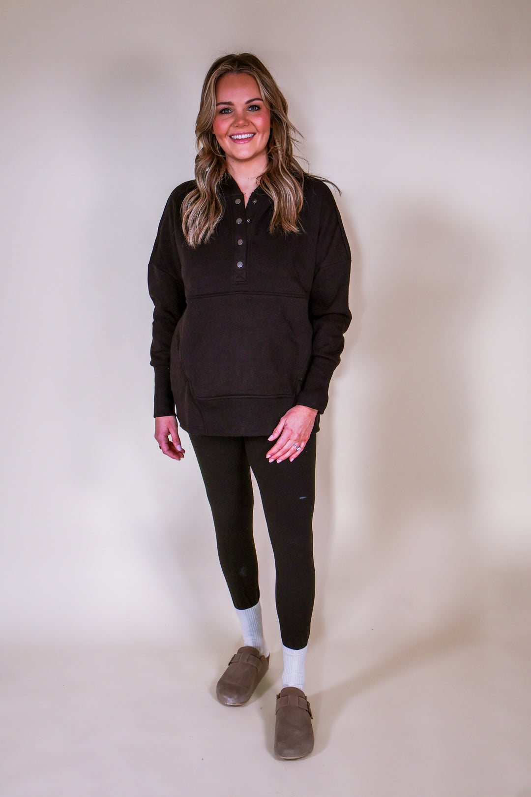 Fleece Half-Snap Button Hooded Sweatshirt - Black