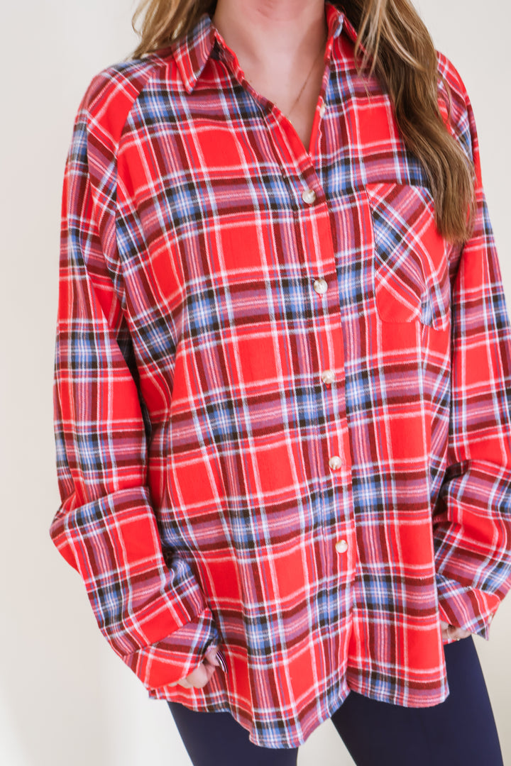 Oversized Plaid Button Down Shirt - Red