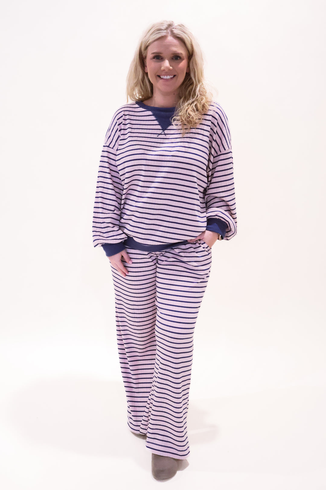 Light Pink & Blue Striped Sweatshirt Top