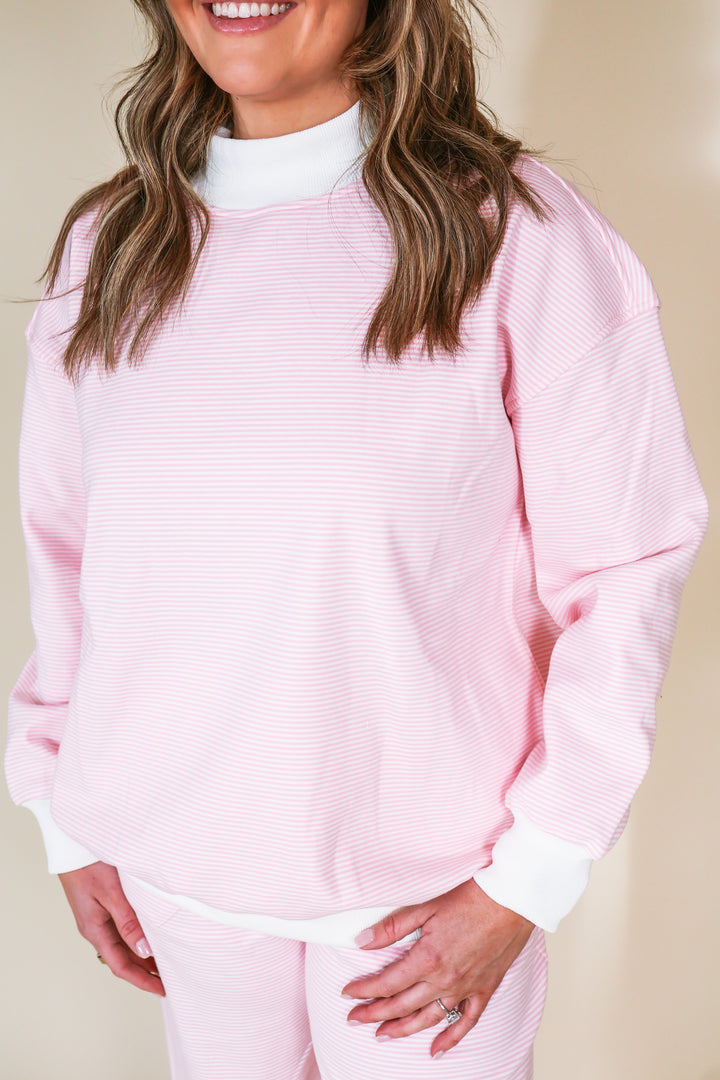 Mock Neck Striped Sweatshirt Top - Pink