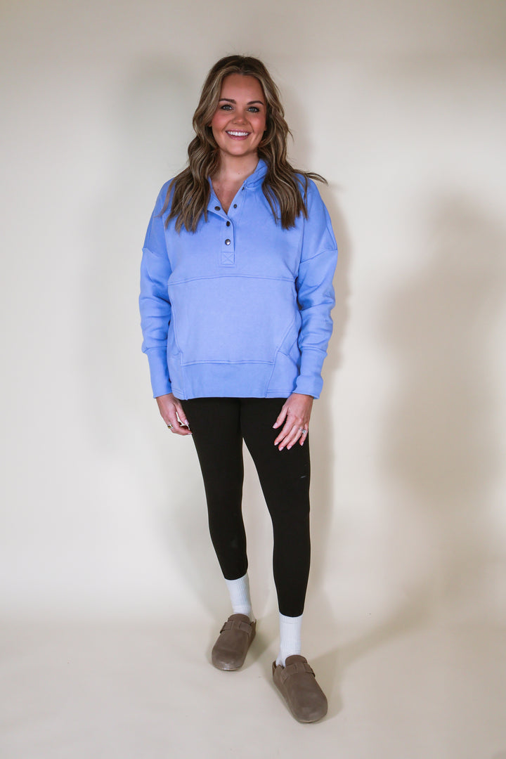 Fleece Half-Snap Button Hooded Sweatshirt - Spring Blue