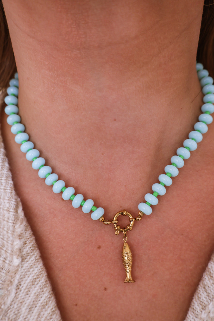 Gemstone Beaded Fish Charm Necklace - Mint