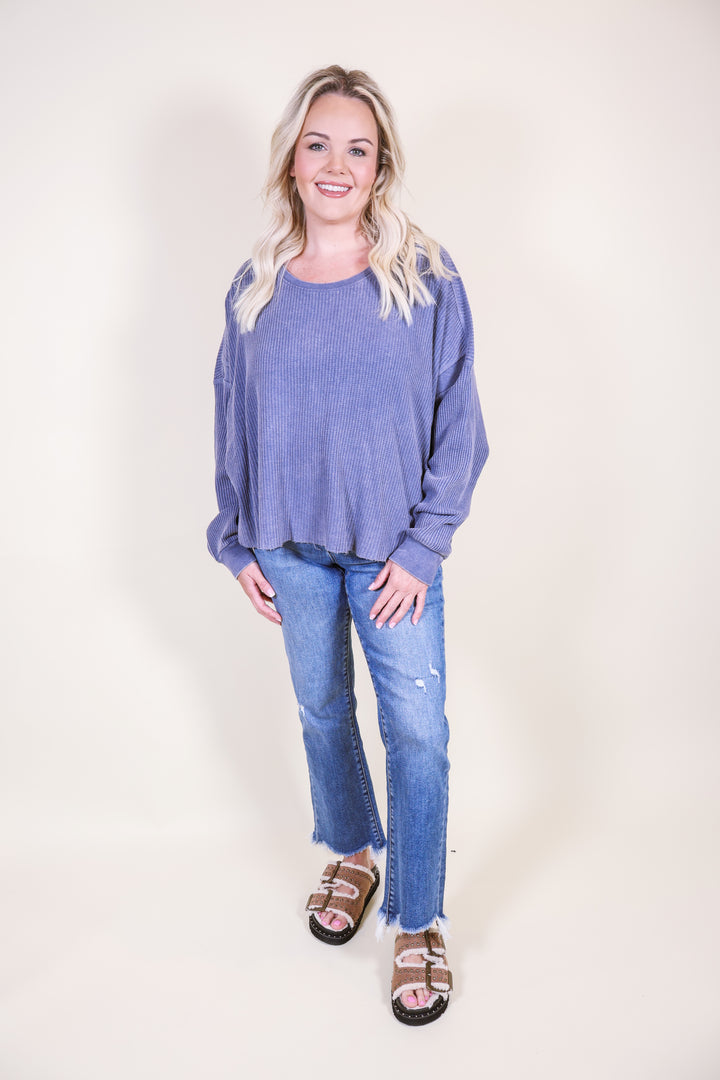 Collins Chic Open Back Textured Knit Top - Dusty Navy