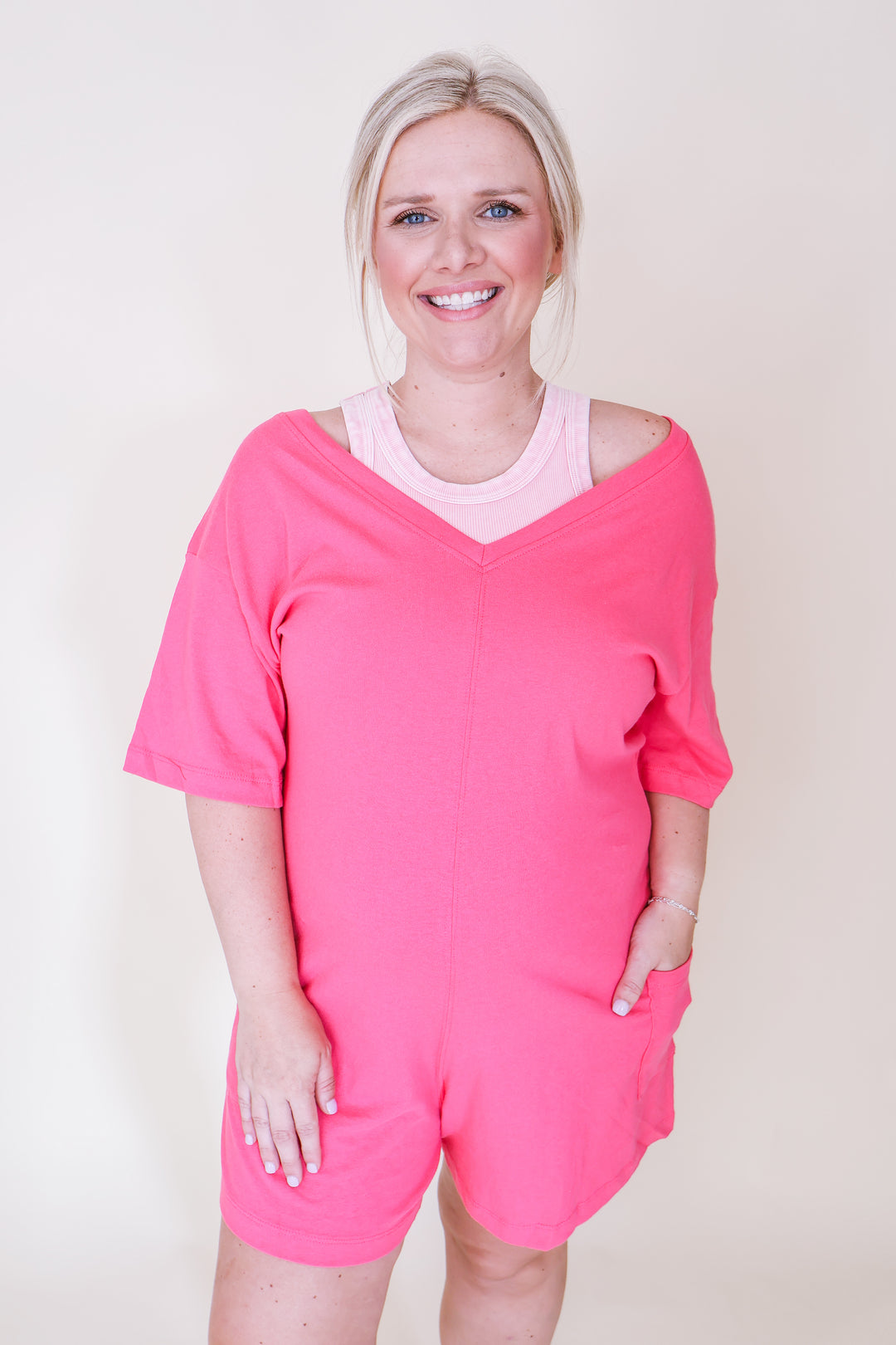 2-Way V or Scoop Neck Romper - Fuchsia