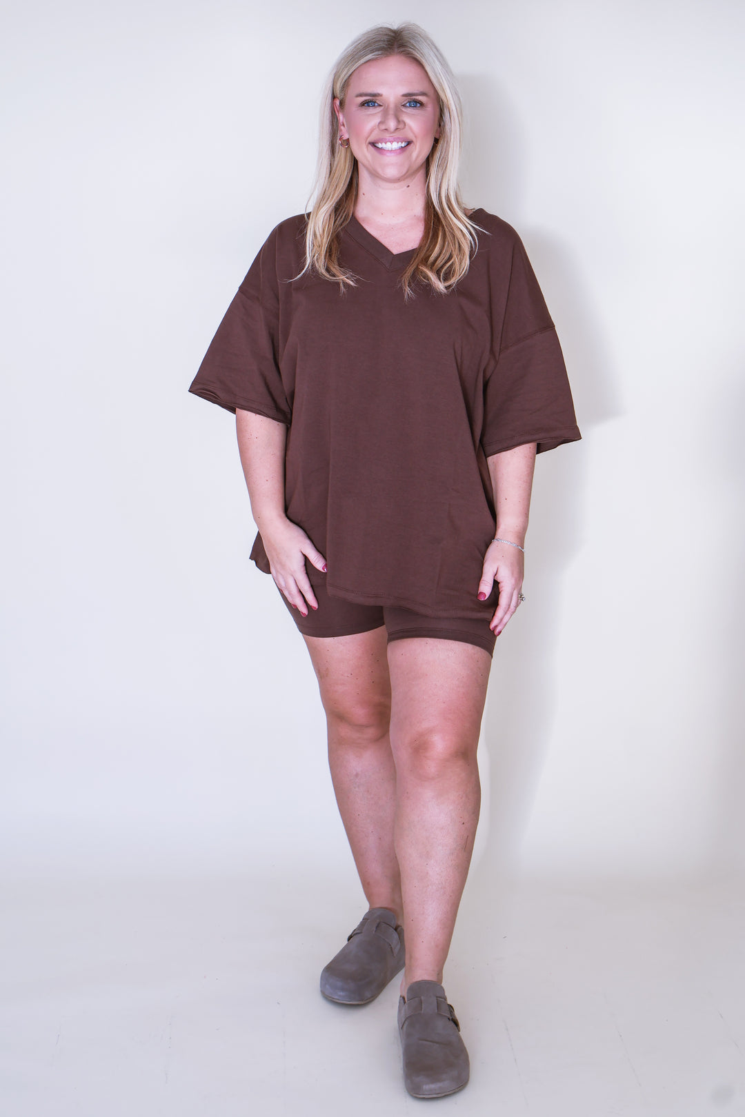 Cotton V-Neck Top & Biker Shorts Set - Brown