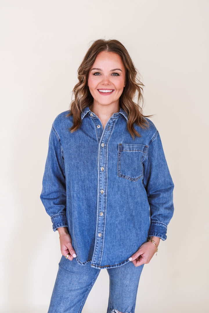 Denim Button Down Oversized Shirt – Medium Wash