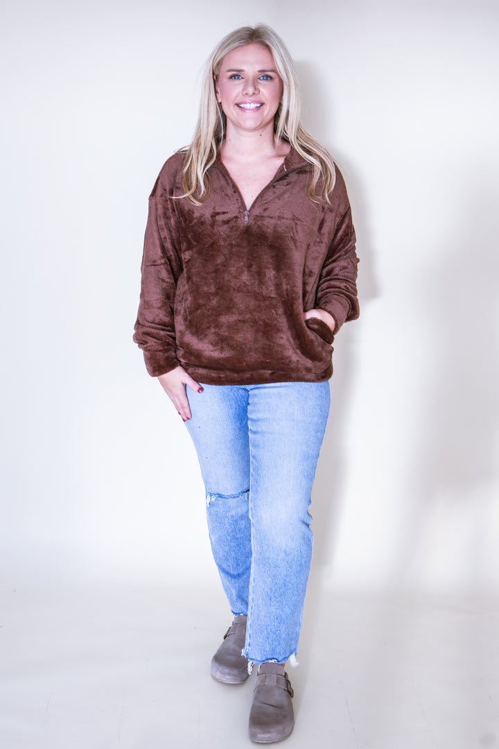Faux Fur Half Zip Pocket Pullover - Brown