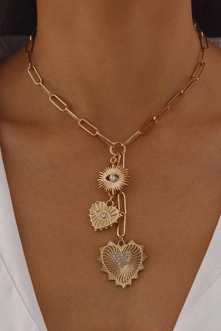 Evil Eye Sun Heart Charm Necklace - Gold
