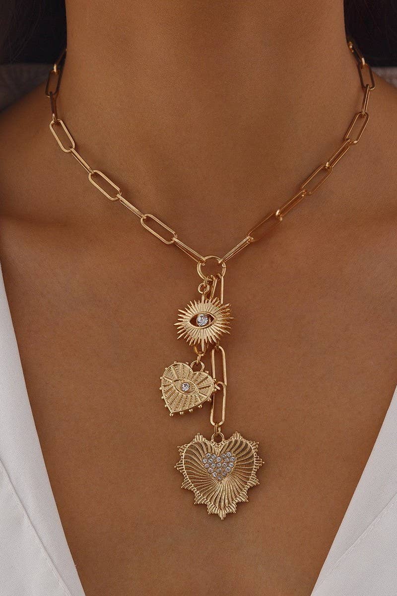 Evil Eye Sun Heart Charm Necklace - Gold