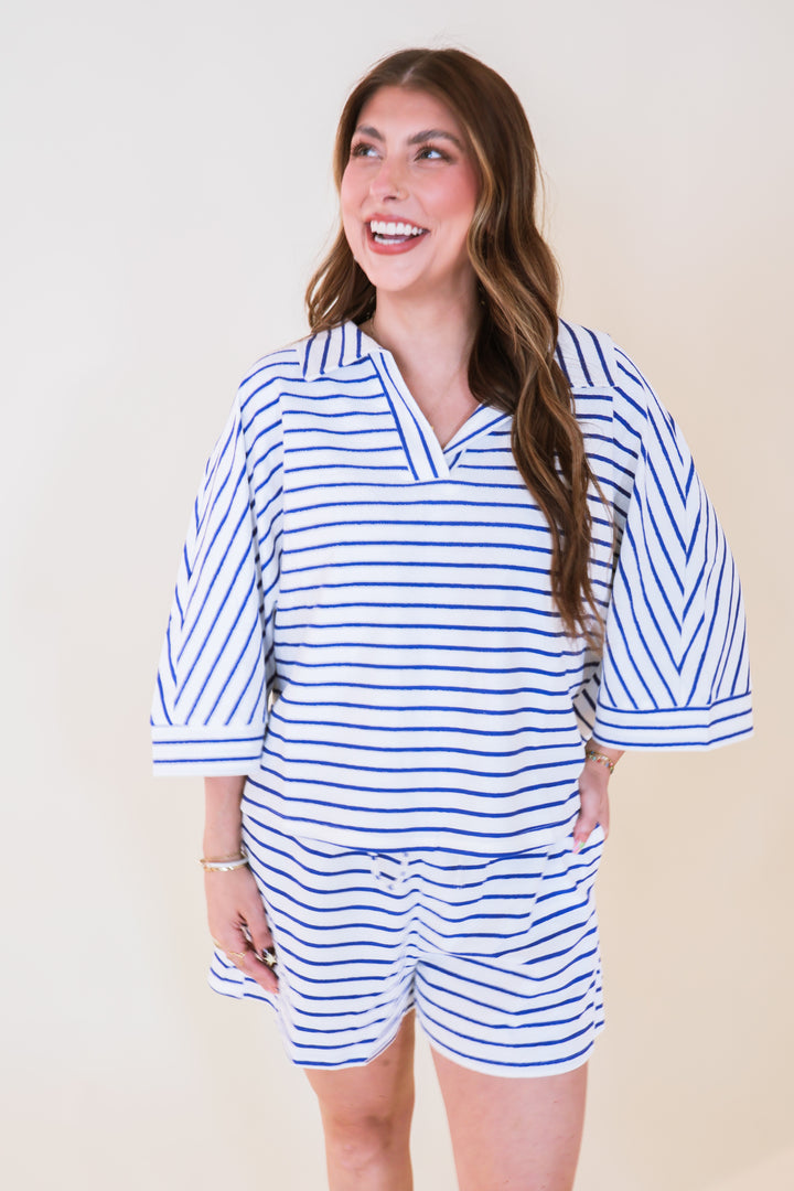 Terry Striped Two Piece Set - Navy