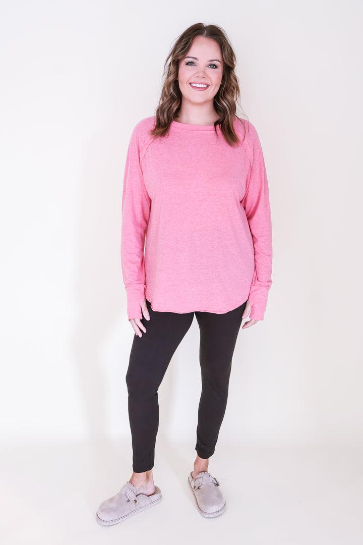 Cotton Raglan Sleeve Thumbhole Top - Coral