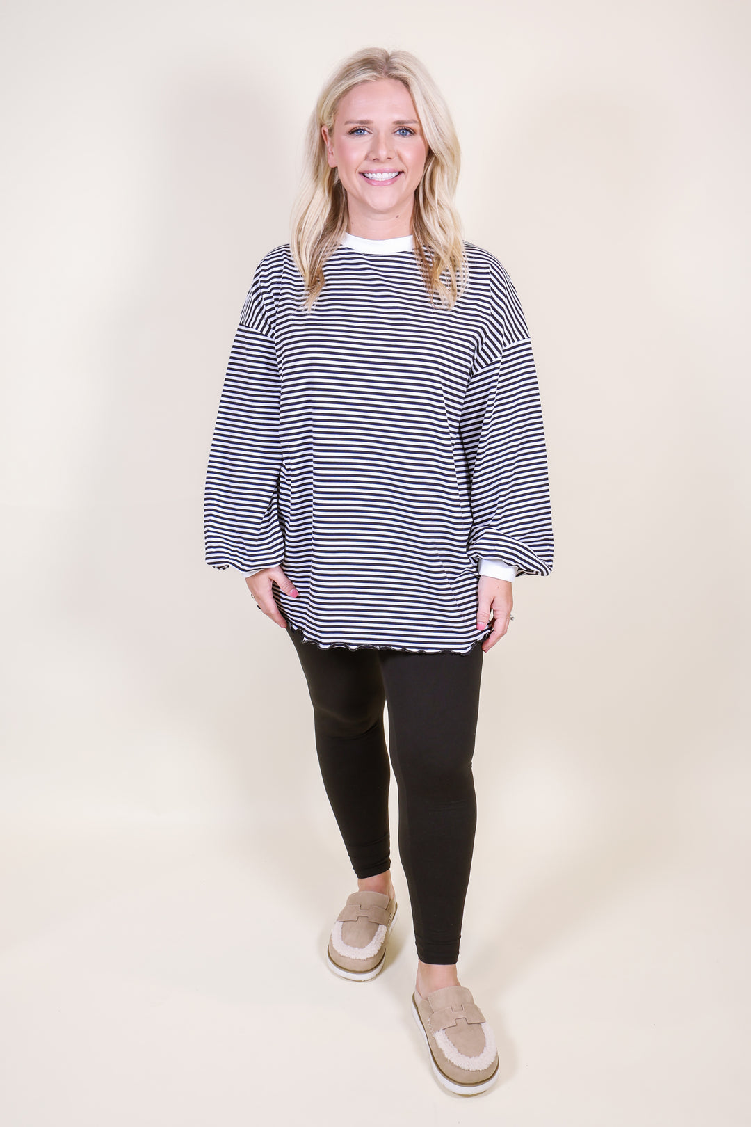 Oversized Striped Long Sleeve Pullover Top - Black