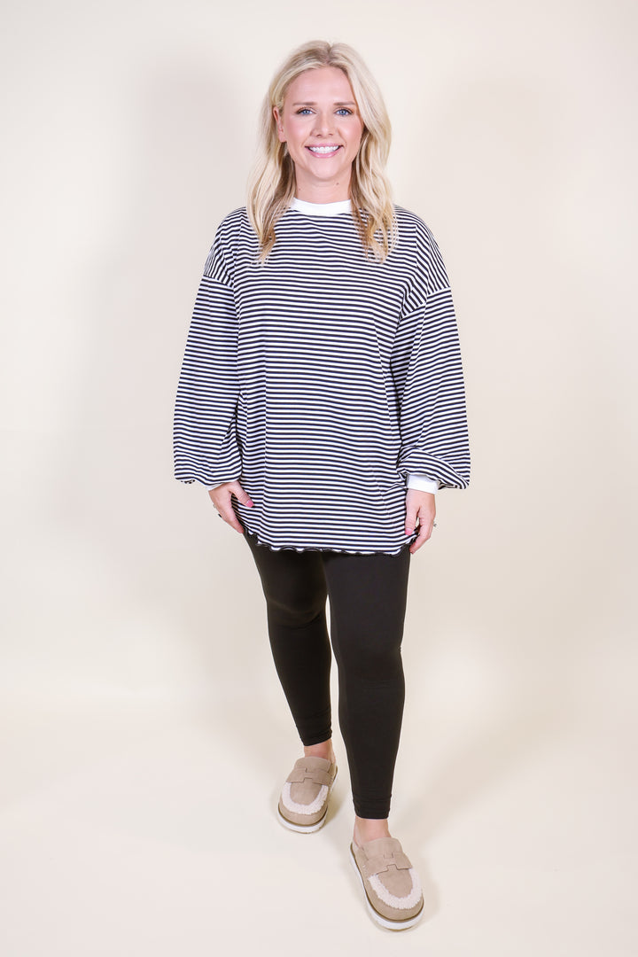 Oversized Striped Long Sleeve Pullover Top - Black