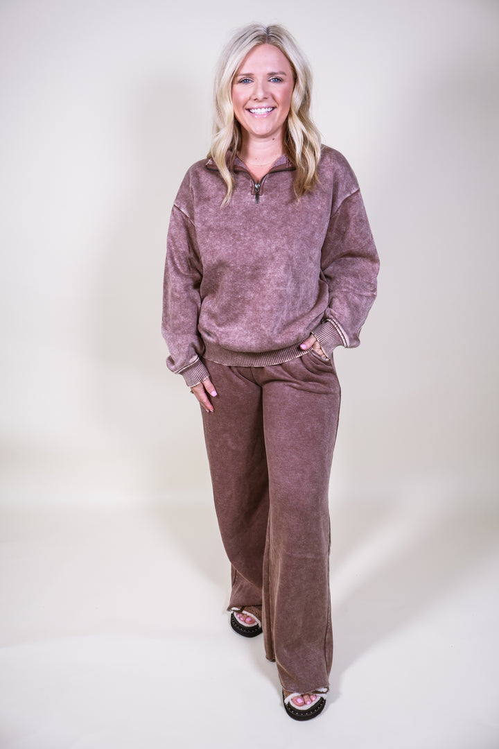 Acid Wash Fleece Half Zip Pullover - Brown