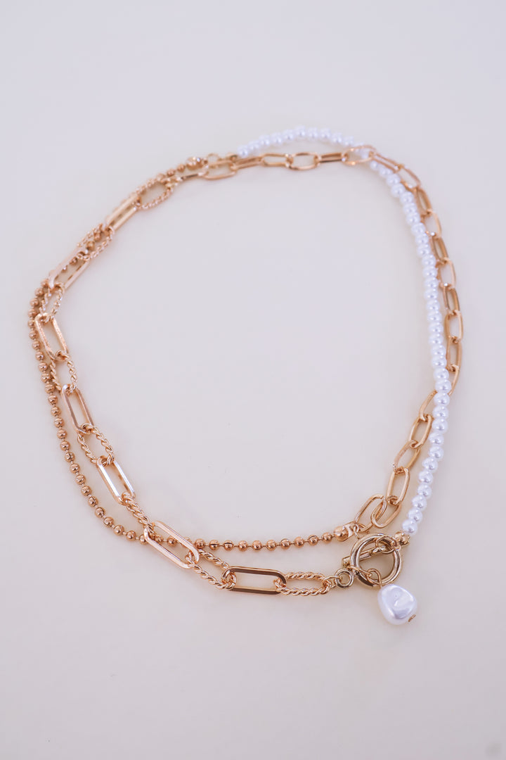 Pearl Mix Double Layer Toggle Necklace - Gold