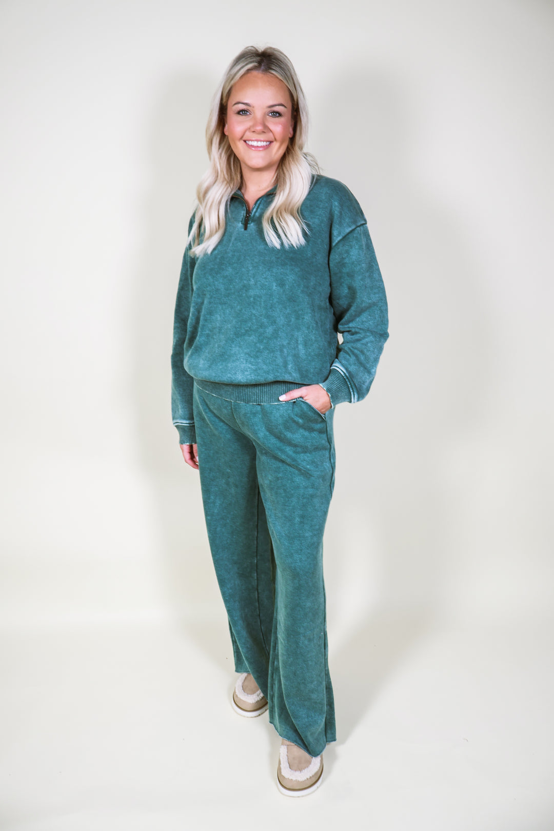 Acid Wash Fleece Palazzo Sweatpants - Dk Green