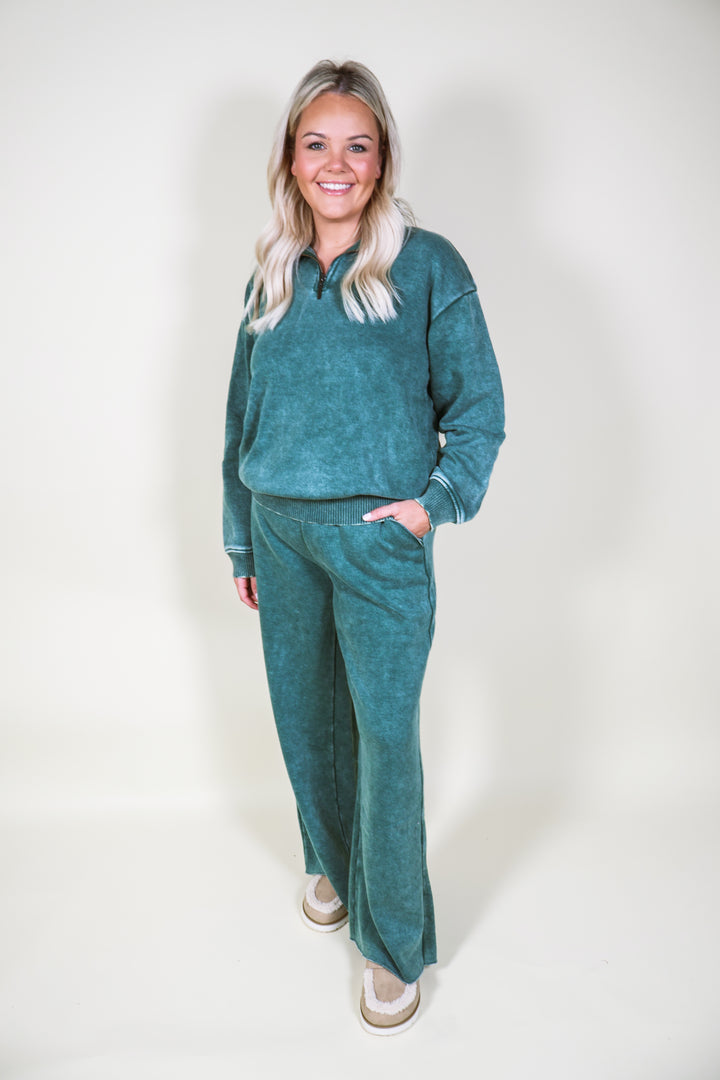 Acid Wash Fleece Palazzo Sweatpants - Dk Green