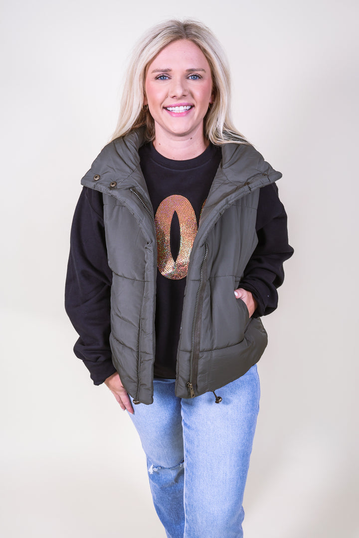 High Neck Puffer Vest - Dk Olive