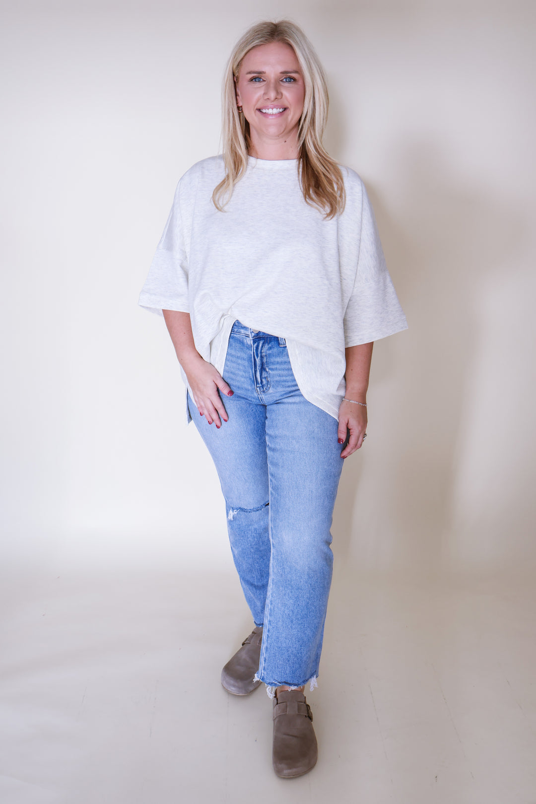 Scuba Round Neck Top with Side Slits - H Vanilla