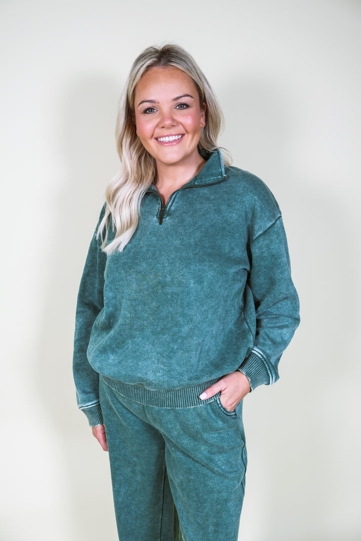 Acid Wash Fleece Half Zip Pullover - Dk Green