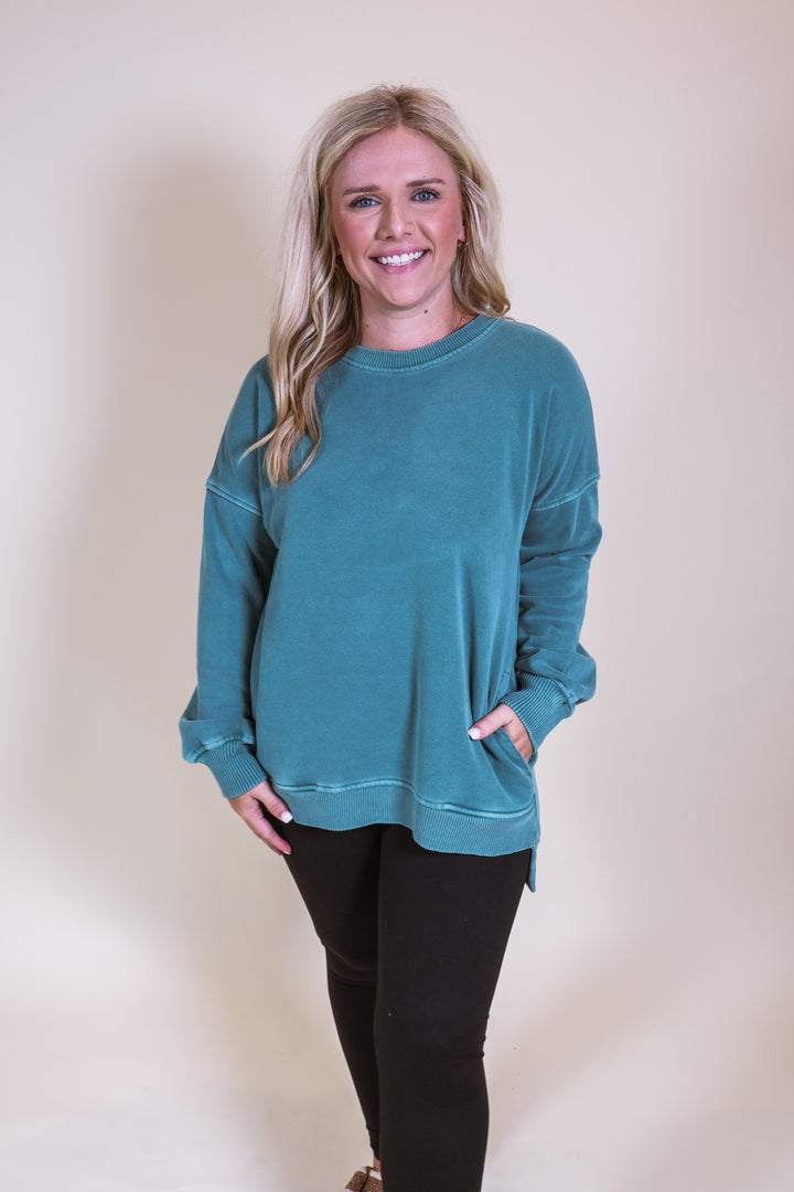 Pigment Dye Fleece Hi-Low Hem Pullover - Teal