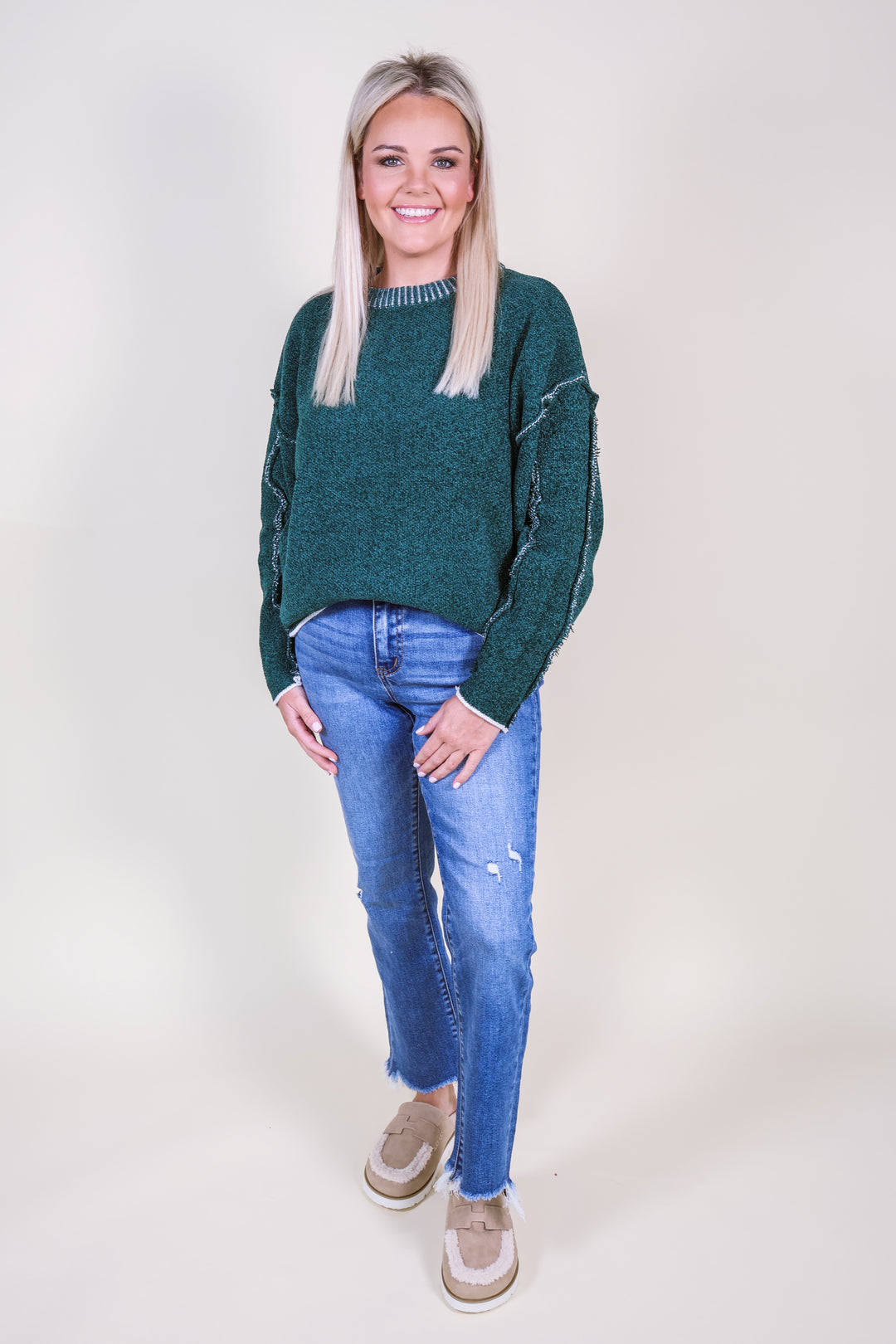 Exposed Seam Round Neck Sweater - Hunter Green