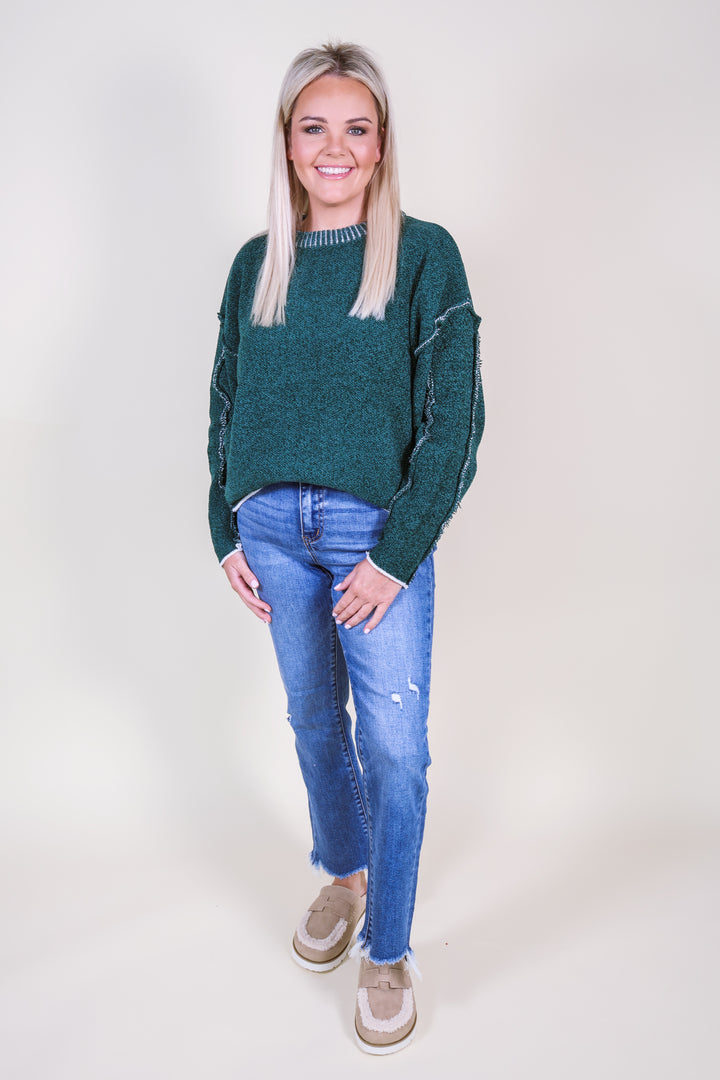 Exposed Seam Round Neck Sweater - Hunter Green