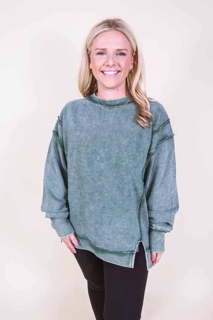 Acid Washed Double Ribbed Pullover - Dk Green