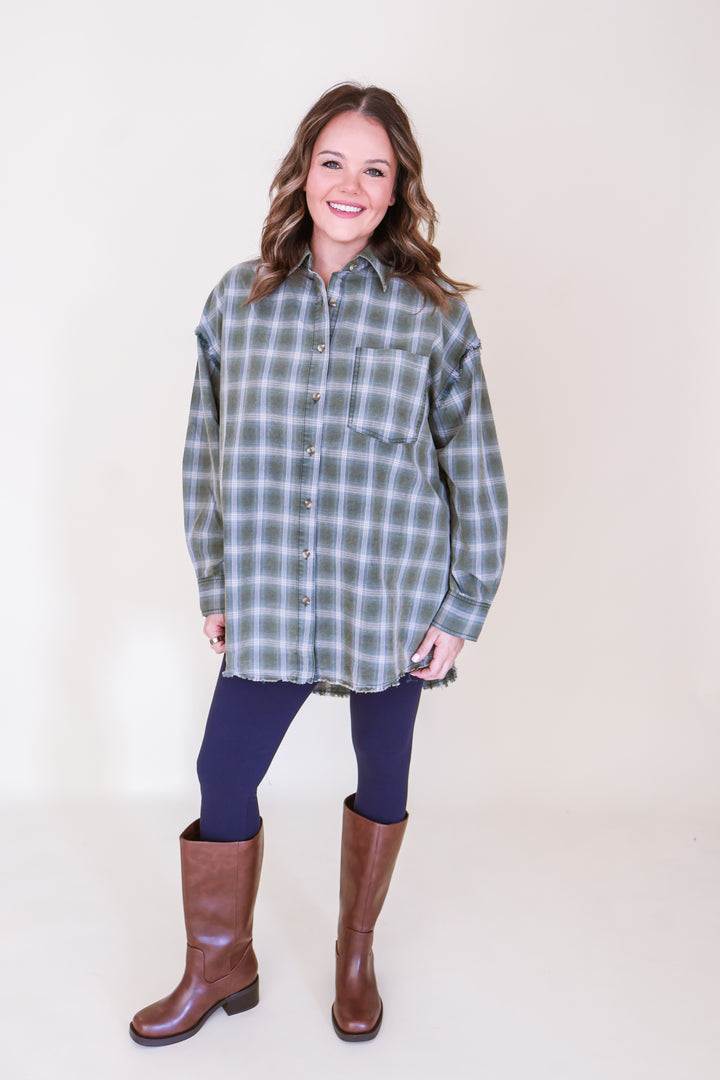 Oversized Raw-Edge Plaid Flannel - Pine Green