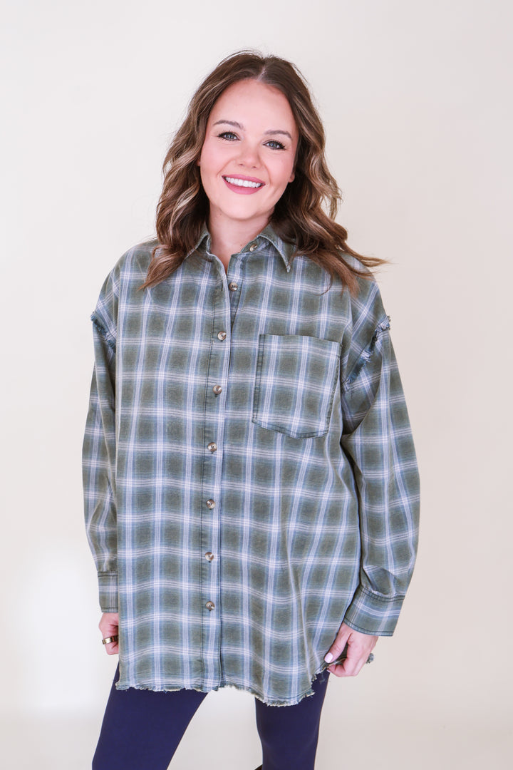 Oversized Raw-Edge Plaid Flannel - Pine Green