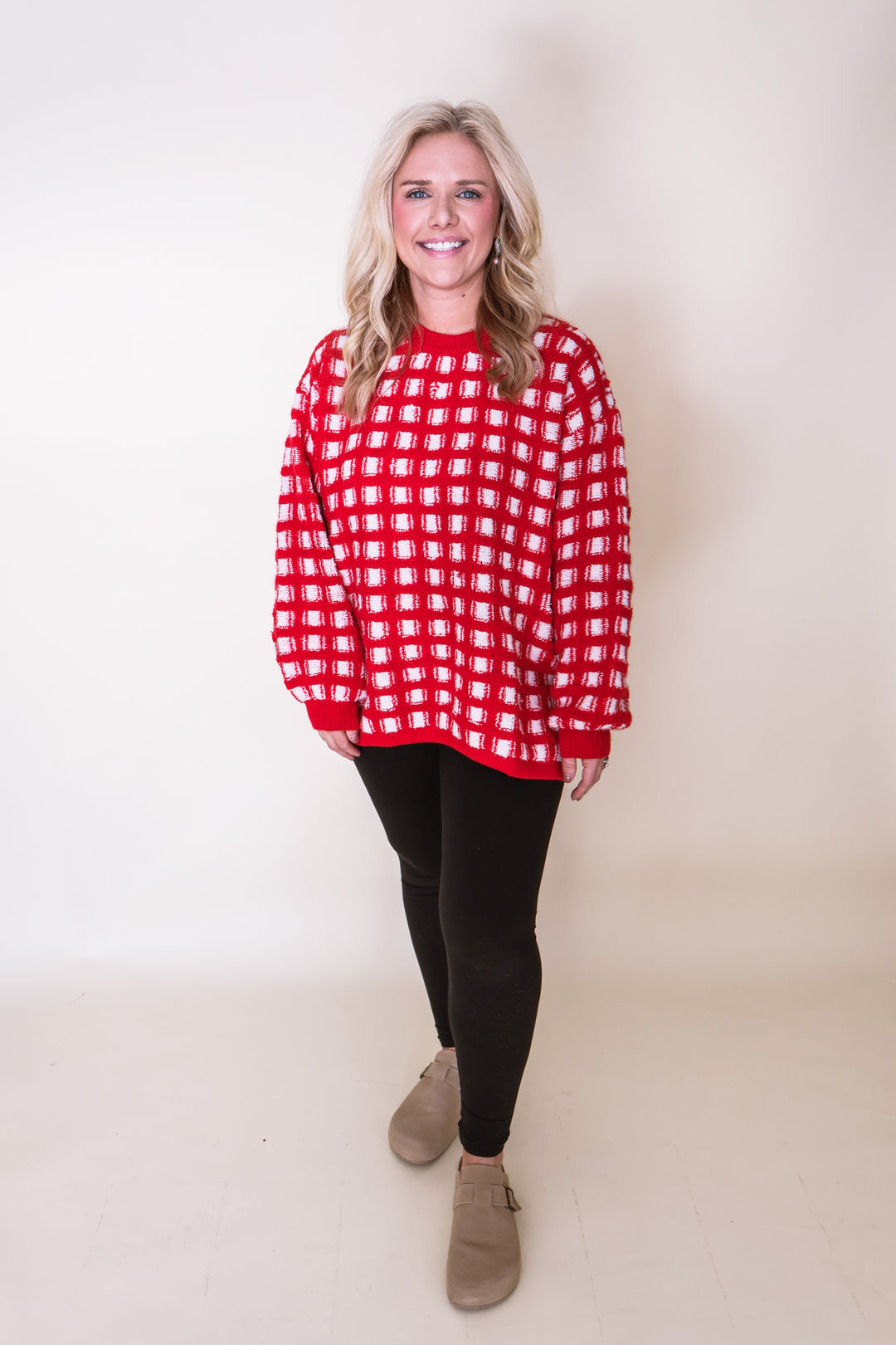 Checkered Oversized Sweater - Red/Ivory