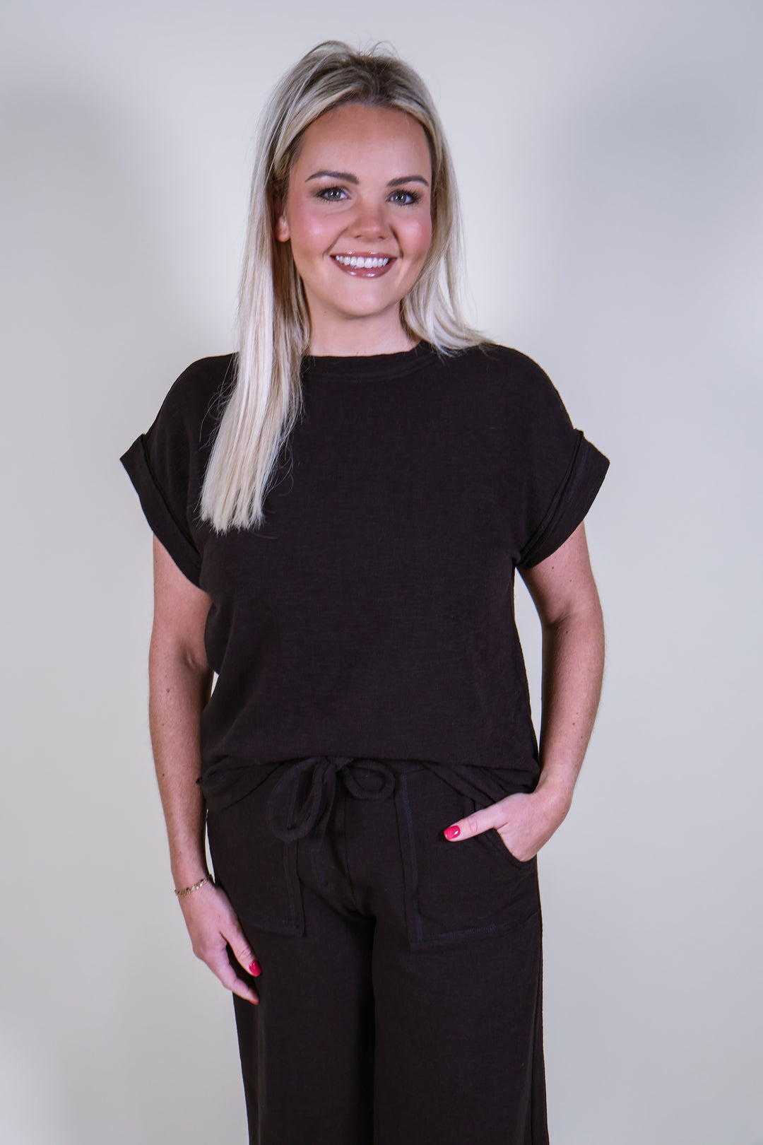 Slub Short Sleeve Tee & Pants Set - Black