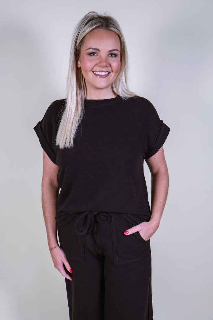 Slub Short Sleeve Tee & Pants Set - Black